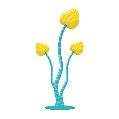 Çizgi film tarzında sihirli bir fantezi mantarı beyaz arka planda izole edilir. Mantar yuvarlak şapkalı ince bir bacakta sarı-mavi renktedir. Vektör illüstrasyonu.