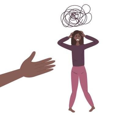 Anksiyete bozuklukları kavramı. Depresyondaki Afrikalı bir kadının kafası karışık. El, psikolojik sorunlar için yardım sunuyor. Vektör illüstrasyonu