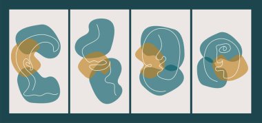 Sosyal medya için soyut boho tarzı eklentiler içeren şablon kapaklarındaki kadın yüz hatlarının sürekli çizgisi. Modern evrensel arka planların vektör illüstrasyonu.