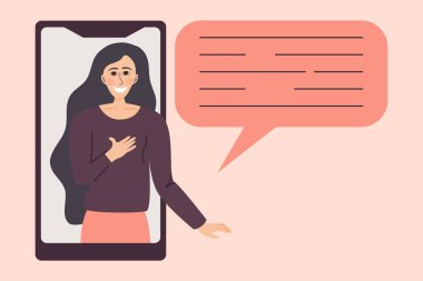 Telefondaki kız. Telefonda bir arkadaşla sohbet ya da sohbet. Uzaktan iletişim kavramı. Konuşma balonu mesajı. Vektör illüstrasyonu.