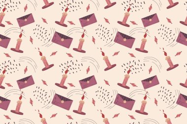 Minimalist düz çizgisel tarzda kusursuz bir boho deseni. Vektör illüstrasyon mumu, zarf ve abst. Gösterişsiz boho melodileri. Avuç içi kimyasının sonsuz deseni