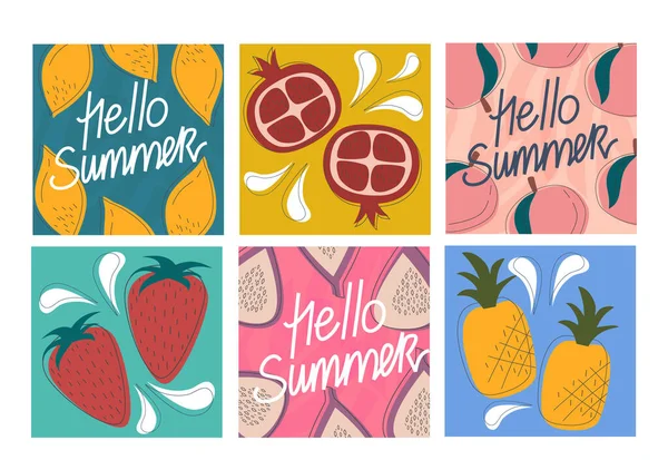 Vektor-Set von Sommer-Grußkarten, Banner, Hallo Sommer-Cover-Vorlage, Früchte. Postkarten Früchte Zitrone, Pfirsich, Feige, Granatapfel. Flaches Prospektdesign mit Linien und Spritzern — Stockvektor