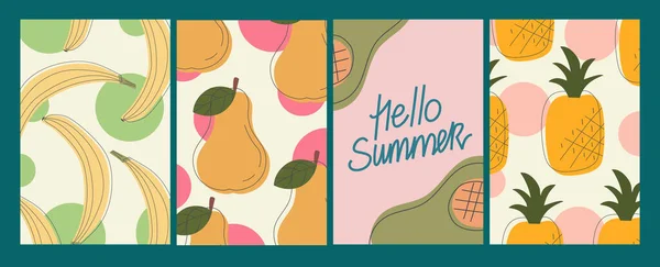 Vector set van de zomer wenskaarten, banners, hallo zomer cover template, fruit. Avocado, ananas, banaan, peer, handgeschreven ansichtkaarten. Brochure design in een vlakke stijl met lijnen en spatten. — Stockvector