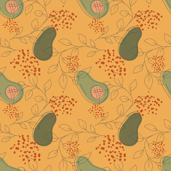 Green half avocado with stone on yellow background fruit seamless pattern. Vector illustration of an infinite pattern linear leaves and colored drops. Ripe juicy fruits in a flat linear style. — Stock Vector