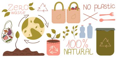 Sıfır atık, beyaz arkaplanda izole edilmiş nesneler. Çöplerin geri dönüşümü, doğal ürünler, plastik yok. Vektör düz tasarım. Vektör çizimi. Sağlık ve gezegen koruma, sıfır atık.