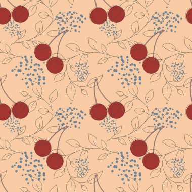Kırmızı kirazlar bej arka planda, meyvesiz desenli. Sonsuz desenli doğrusal yaprakların ve renkli damlaların vektör çizimi. Düz doğrusal olarak olgun sulu meyveler