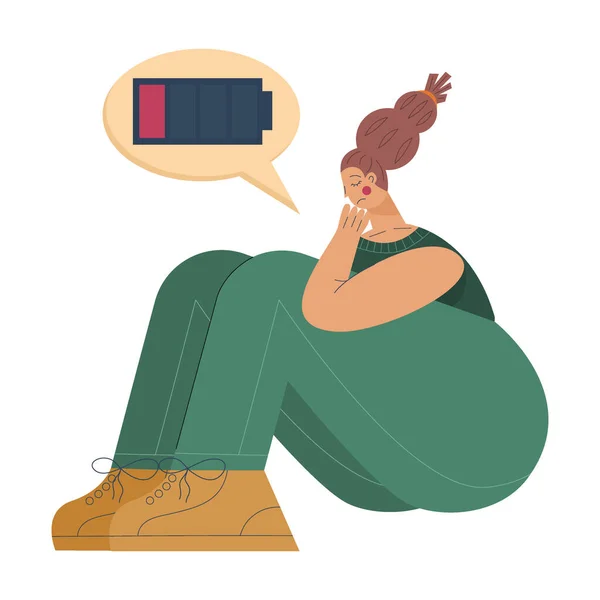 Een vermoeide vrouw zit met een lege batterij. Een vermoeide vrouw is in een staat van emotionele burn-out of psychische stoornis. Vector illustratie geïsoleerd op een witte achtergrond — Stockvector