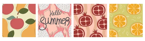 Векторный набор летних поздравительных открыток, баннеров, шаблон летней обложки, фрукты. Открытки фруктовый гранат, апельсин, яблочный дракон. Брошюра в плоском стиле с распылительными линиями — стоковый вектор
