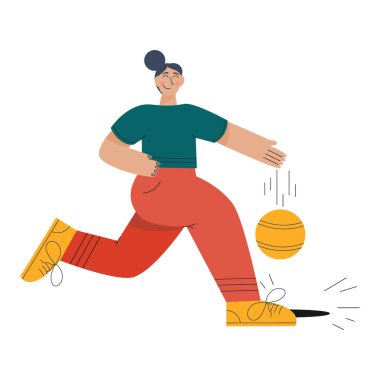 Modayı takip eden kişi beyaz arka planda tek başına top oynar. Toplu kız basketbol ya da futbol oynar. Düz doğrusal bir şekilde vektör illüstrasyonu. Yaz eğlencesi.