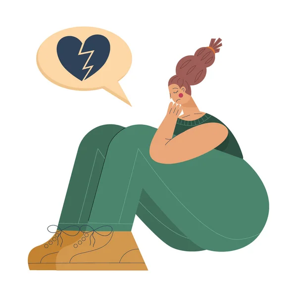 Tired woman sits in depression and frustration with cloud with a broken heart. Tired woman is state of emotional burnout or mental disorder. Vector illustration isolated on white background — Stock Vector