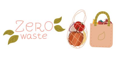 Sıfır atık, beyaz arkaplan ile izole nesneler. Çöplerin geri dönüşümü, doğal ürünler, plastik yok. Vektör düz tasarım. Yazıt sıfır atık poşetleri doğal yiyecekler. Sağlık ve Gezegen Koruma