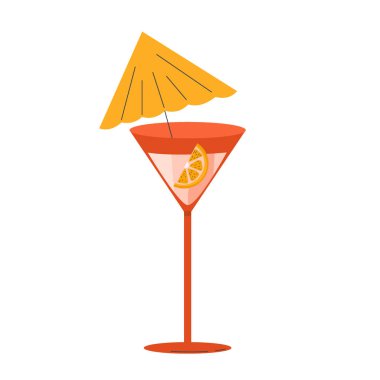 Dekoratif tasarım için yaz. Şemsiyeli ve portakallı kokteyl bardağı, beyaz arka planda izole edilmiş ferahlatıcı bir yaz içeceği. Düz doğrusal bir şekilde vektör illüstrasyonu. Kokteyl camı.