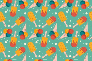 Yeşil arka planda renkli dondurmayla kusursuz yaz deseni. Düz doğrusal bir şekilde vektör illüstrasyonu. Lezzetli yaz ferahlatıcı tatlı.