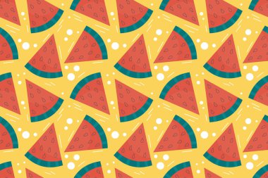 Sarı zemin üzerinde bir parça karpuz olan kusursuz yaz deseni. Düz doğrusal bir şekilde vektör illüstrasyonu. Lezzetli yaz ferahlatıcı tatlı