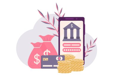 Çevrimiçi bankacılık kavramı, para kullanmak, akıllı telefon kullanarak işlemler yapmak. Telefon ekranından kişisel hesabınıza girebilirsiniz. Yanında madeni paralar, para, kredi kartı. Vektör illüstrasyonu düz biçimi.