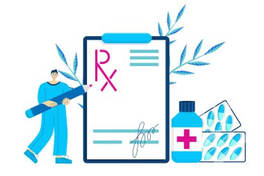 RX formu. Beyaz arka planda kalem ve tabletlerle ilaç formları. Düz bir şekilde vektör illüstrasyonu. Doktor tarafından imzalanmış Vedical sayfa.
