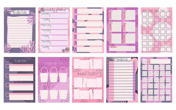 Planner personal affairs. Set sheets recording plans and events. Weekly planner, for schedule, glasses of water drunk, books read, a shopping list. Vector illustration.