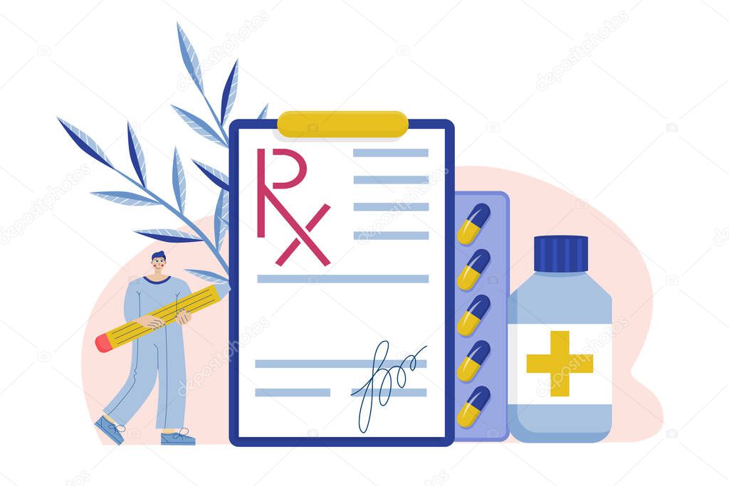 Rx form. Form for medicines with pencil and tablets on a white background. Vector illustration in flat style. Vedical page signed by doctor.