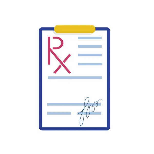 RX űrlap, üres, az orvosok aláírásával. Vektor illusztráció lapos stílusban. A tabletták és gyógyszerek felírására szolgáló formanyomtatvány. — Stock Vector