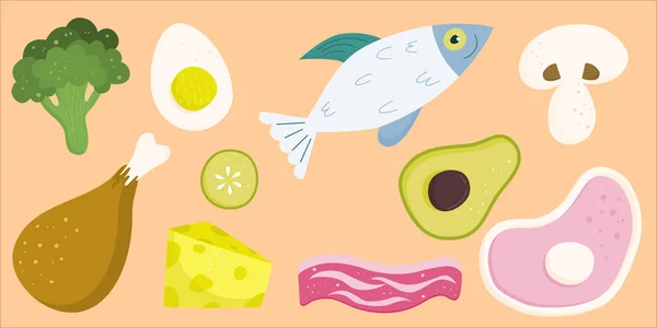 Mat set keto kosten är isolerad. Fisk, kött, avokado och andra proteinrika livsmedel för ketodiet, ordentlig, hälsosam kost. Vektorillustration i platt stil. — Stock vektor