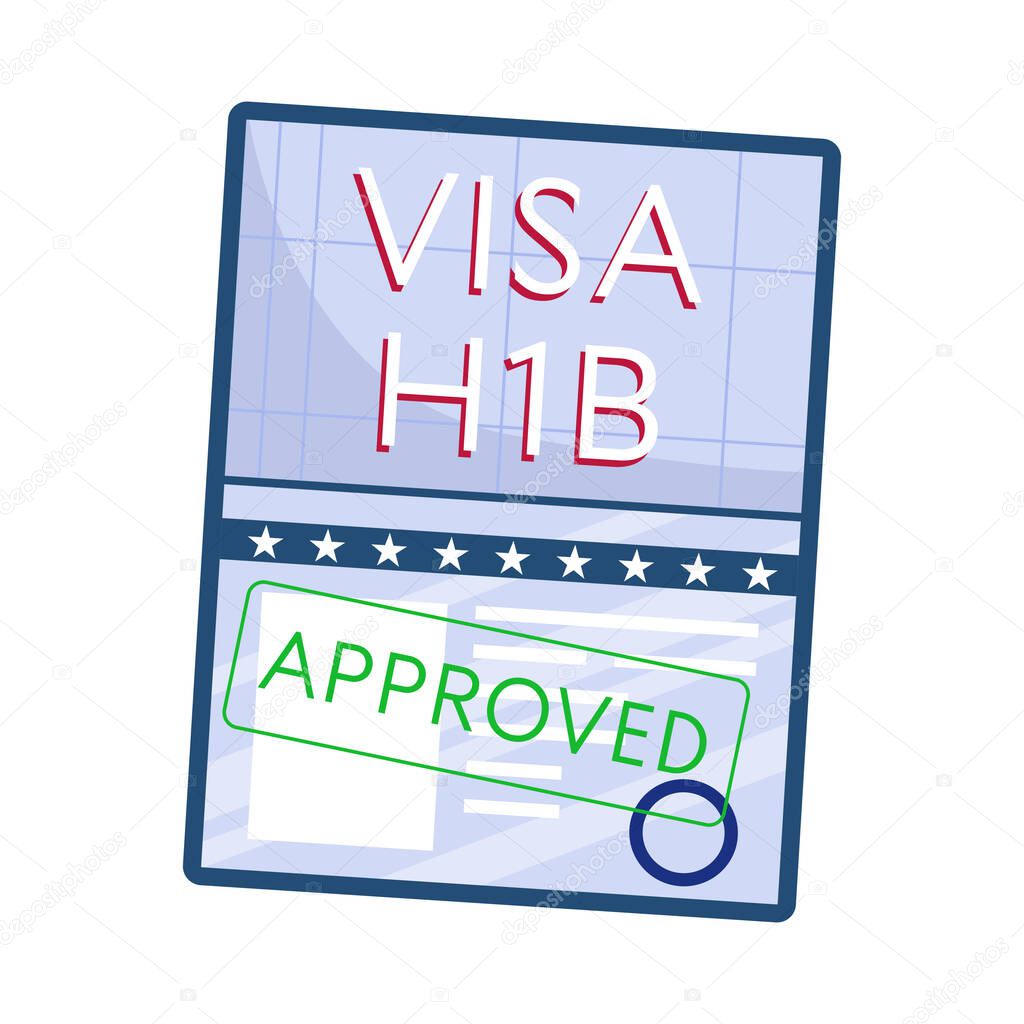 Approved working American visa, top view, isolated on a white background. H1B visa. Vector illustration in a flat style.