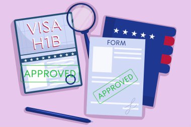 Amerikan çalışma vizesi konsepti, H1b. Üst manzara, yeşil damgalı pasaport, kalem ve bir klasör dolusu belge. Düz biçimli vektör illüstrasyonu