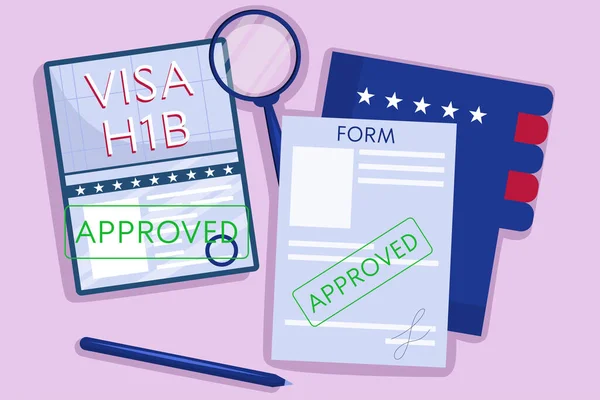Concept Visa Travail Américain Approuvé H1B Vue Dessus Passeport Avec — Image vectorielle