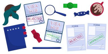 Masada izole eşyalar, üst görünüm, vizeli pasaportlar, dosyalar, belgeler. Çalışan Amerikan vizesi H1b reddedildi ve onaylandı. Düz bir şekilde vektör illüstrasyonu.