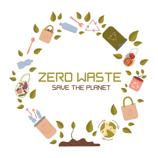 Zero West emblema em círculo, a inscrição salvar o planeta. Modelo de design de logotipo vetorial e ícone de desperdício zero, reciclagem e reciclagem de lixo. — Vetor de Stock