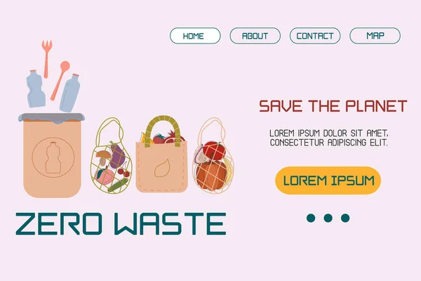 Modelo, layout landing page com uma lata de lixo ilustração com plástico, sacos para produtos do conceito de desenvolvimento sustentável ou proteção ambiental. Ilustração vetorial em estilo plano — Vetor de Stock