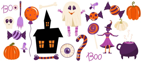 Een Set Elementen Voor Halloween Zijn Geïsoleerd Witte Achtergrond Ghost — Stockvector