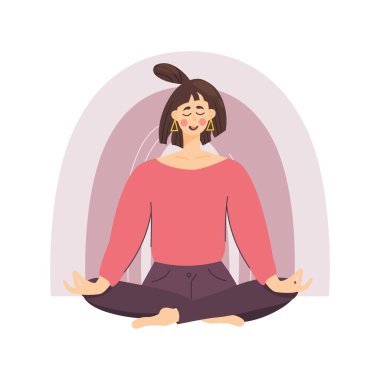 Gökkuşağı arka planına karşı meditasyon yapan bir kızın konsepti bir kadının lotus pozisyonunda dinlenip sakinleşmesidir. Meditasyon sırasında sağlık ve refah. Düz bir şekilde vektör illüstrasyonu.