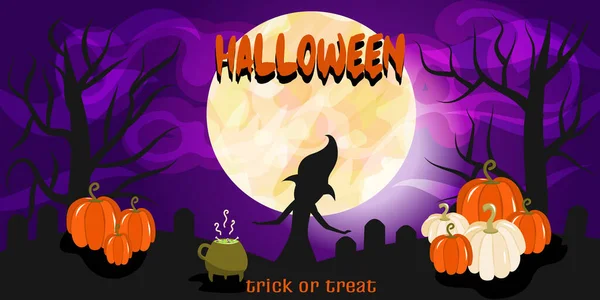 Baner Krajobrazowy Księżycem Wiedźma Sylwetką Napis Happy Halloween Dyniami Plakat — Wektor stockowy