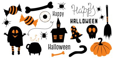 Cadılar Bayramı siyah ve turuncu unsurlardan oluşan bir set beyaz arka planda izole edilmiştir. Hayalet, cadı, şeker, ürkütücü ev, Cadılar Bayramı için davetiye ve kart dekorasyonu için kazan. Vektör illüstrasyonu