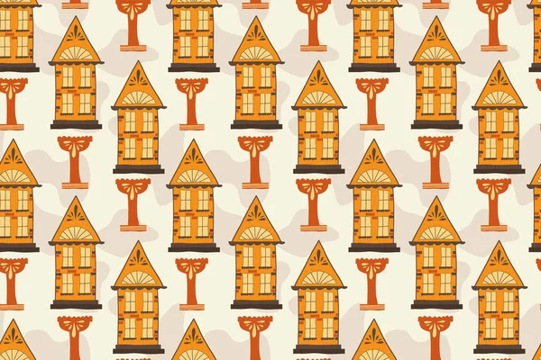 Seamless pattern with handmade houses, handdraw. A house with windows and roofs, a bowl for a fountain in a diagonal layout. Vector illustration