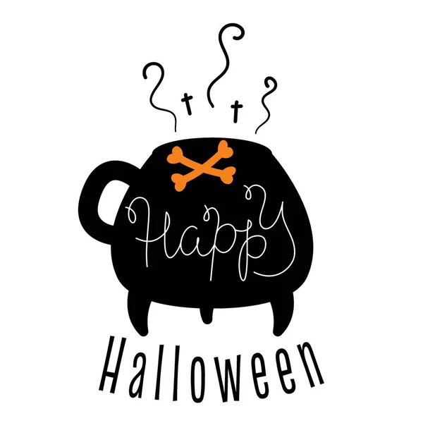 Fekete Narancssárga Felirat Boldog Halloweent Egy Boszorkány Üsttel Nyomtatás Kivágás — Stock Vector
