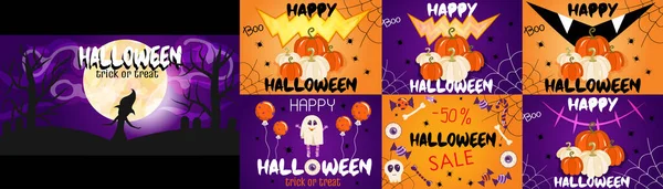 A set of banners for Halloween with the moon, pumpkins, spiders. Banners for invitations, decor with sweets, cobwebs. Purple and orange halloween backgrounds. Vector illustration in cartoon style. — Wektor stockowy