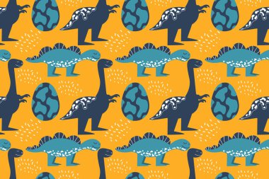 Dinozorlar ve bir yumurtayla kusursuz bir düzen. Stegosaurus ve Tyrannosaurus gülümsüyor. Düz bir şekilde vektör illüstrasyonu. Çocuklar için renkli bir desen.