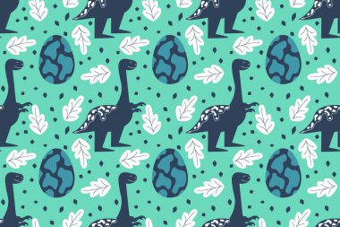 Dinozorlar ve bir yumurtayla kusursuz bir düzen. Tyrannosaurus gülümsemesi. Düz bir şekilde vektör illüstrasyonu. Çocuklar için renkli bir desen