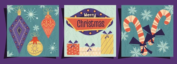 A set of merry Christmas covers in a retro vintage style. Signboard, Christmas toys and candy on postcards with texture. Vector illustration of Mid-Century Modern style design — Vettoriale Stock