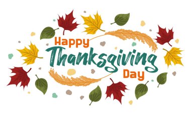 Vektör kompozisyonu, sonbahar yapraklı pankart, Şükran Günün kutlu olsun mesajı. Renkli akçaağaç ve kül yaprakları, kızılcık böğürtlenli ve benekli. Kartpostallar ve posterler için sezonluk alıntı.