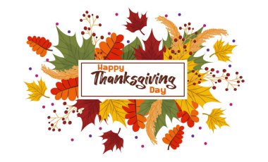 Vektör kompozisyonu, sonbahar yapraklı pankart, Şükran Günün kutlu olsun mesajı. Renkli akçaağaç ve kül yaprakları, kızılcık böğürtlenli ve benekli. Kartpostallar ve posterler için sezonluk alıntı