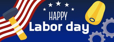 Yıldızlı, aletli ve Amerikan bayrağıyla bir İşçi Bayramı bayrağı. Amerikan İşçi Bayramı, mavi arka planlı pankart. Vektör illüstrasyonu