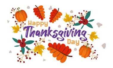 Sonbahar yaprakları, balkabakları ve yaban mersinli Şükran Gününüz kutlu olsun. Akçaağaç ve kül yapraklarıyla süslenmiş. Kartpostallar ve davetiyeler için vektör illüstrasyonu. Sonbahar hasat ve yaprak festivali