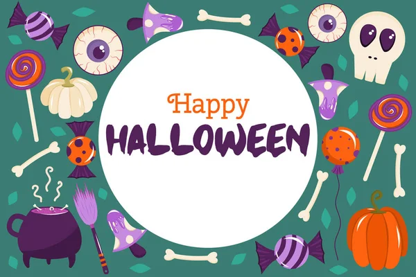 Boldog Halloween Banner Egy Kört Helyet Szöveges Tökök Csontok Gomba — Stock Vector