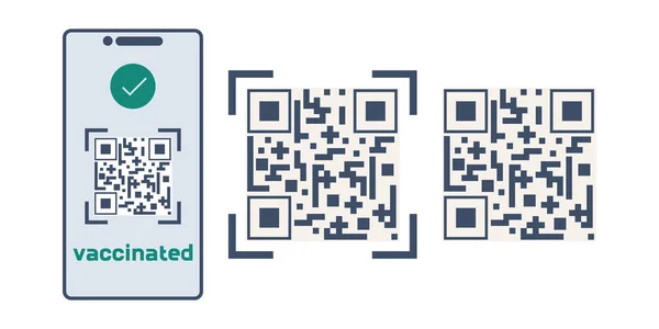 Qr code over vaccinatie tegen covid. De elektronische code zit in de telefoon. Mans hand houdt scherm waarop een groene tekst over vaccinatie staat. Vectorillustratie. — Stockvector