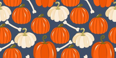 Cadılar Bayramı için balkabaklarıyla kusursuz desen. Koyu arkaplanda kemikleri olan balkabakları ve kabaklar. Vektör illüstrasyonu