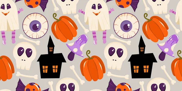 Bezszwowy wzór z czaszką, strasznym domem, grzybami i gałką oczną na Halloween. Ilustracja wektora — Wektor stockowy