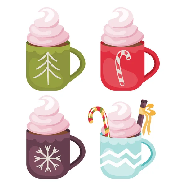 Комплект чашки какао на Рождество. Горячий напиток со сливками. — стоковый вектор