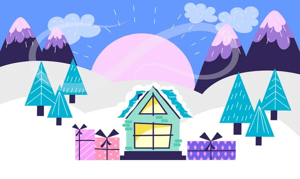 Paisagem de Natal no fundo de montanhas, árvores e casas em um estilo plano escandinavo.Ilustração vetorial de fundo de inverno para web e cartões postais. —  Vetores de Stock